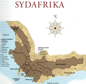 Kirjan Etelä-Afrikan kartta ruskealla värityksellä kuten muutkin kartat.