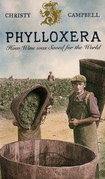 Christy Campbellin mustakantisen sidotun Phylloxera-kirjan päällyspaperin nostalginen etusivu.